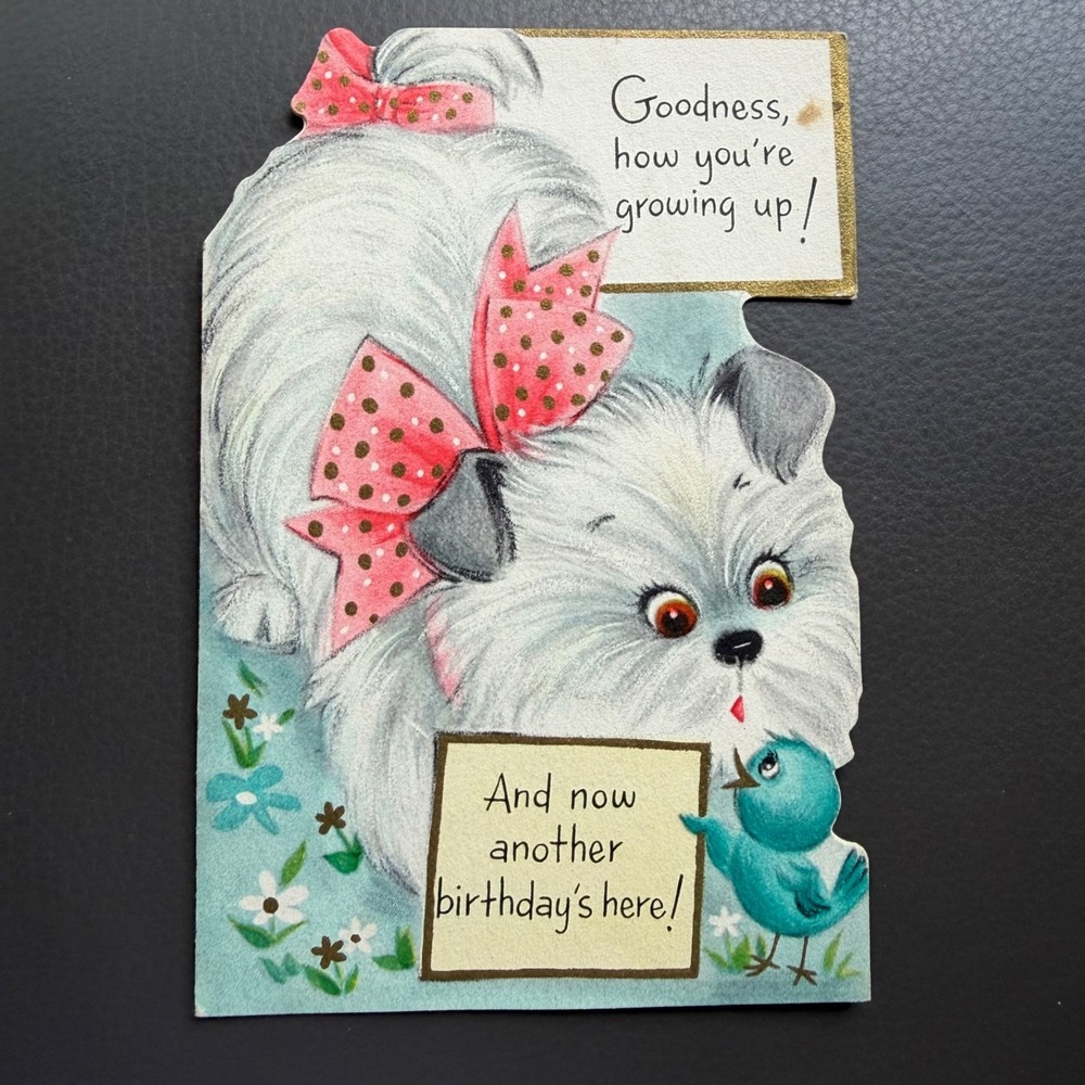 Vtg 1959 Die Cut Birthday Card Maltese Dog Puppy Bird 4x6 Personal Message MCM